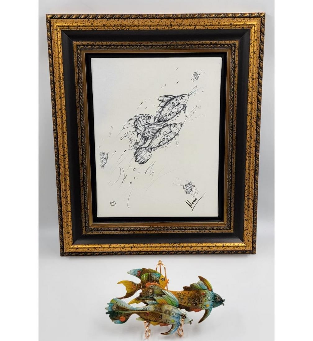 Nano Lopez (b. 1955 Colombian/American) "FISHES GOING RIGHT" Bronze Sculpture With Painting ***: *** RESERVED*** Nano Lopez (b. 1955 Colombian/American) "FISHES GOING RIGHT" Bronze Sculpture With Giclee Painting. From a private home here in Florida. Measures 10.5" X 5.5". Numbered Giclee Art Meas