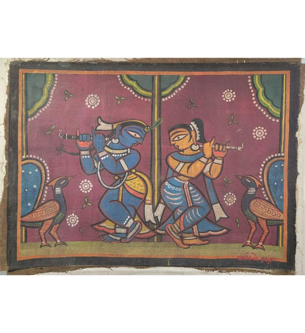 A Large RARE Jamini Roy 1887-1992 Gouache On Canvas Painting Signed In Bengali, With COA: ***We at RBFineArts can only attribute this work to Jamini Roy 1887-1992 based upon the quality and the presence of a signature And Papers, We are not an authentication service. We can only declare th