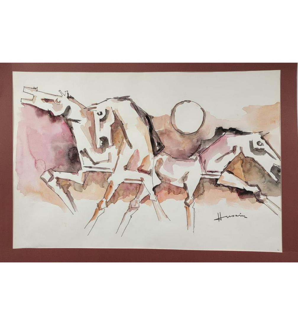Maqbool Fida Husain 1915-2011 Horses Watercolor With COA Untitled: ***We at RBFineArts can only attribute this work to Maqbool Fida Husain 1915-2011 based upon the quality and the presence of a signature And Papers, We are not an authentication service. We can only d