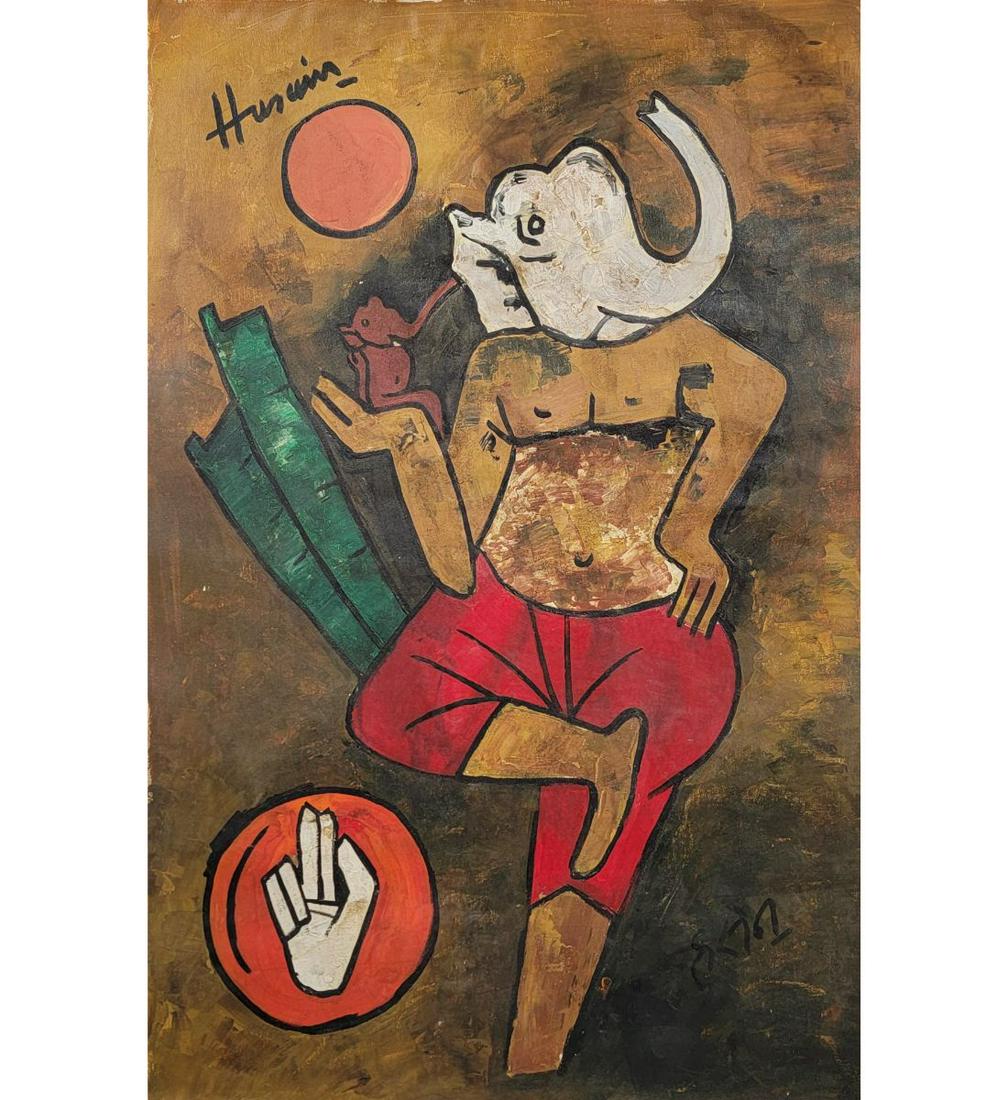 Maqbool Fida Husain 1915-2011 Oil On Canvas With COA Titled "GANPATI UVERSE": ***We at RBFineArts can only attribute this work to Maqbool Fida Husain 1915-2011 based upon the quality and the presence of a signature And Papers, We are not an authentication service. We can only d