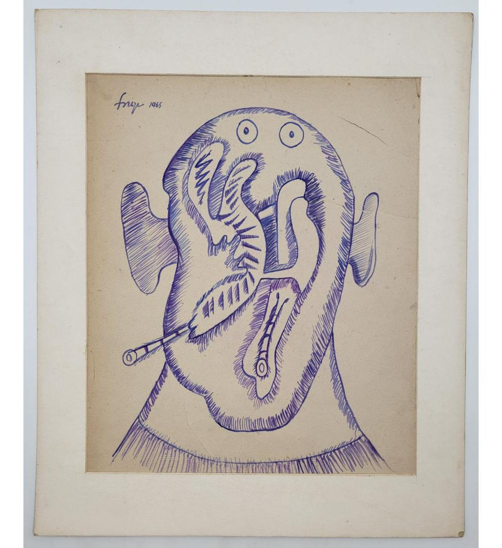 Signed And Dated Artwork Of A Head, Unusual Done In Marker Francis Newton (FN) Souza (1 of 11)