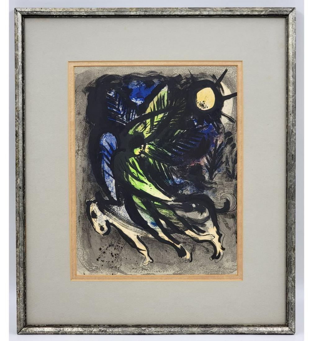 A lithograph by Marc Chagall (Russian-French 1887-1985).: Titled "THE ANGEL", the plate for this work was created in 1956. Frame measuring approximately 19" X 16". Please carefully read our terms of sale, shipping information, and request any condition repor