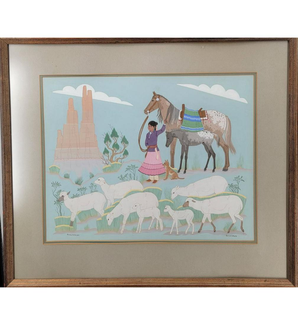 Harrison Begay 1914-2012 Arizona New Mexico Water Color Painting (Haskay Yahne Yah): Harrison Begay 1914-2012 Arizona New Mexico Native American Water Color Painting (Haskay Yahne Yah). Frame Measure 23 1/4" X 26 3/4", 21.5" X 25 1/4". Please carefully read our terms of sale, shipping
