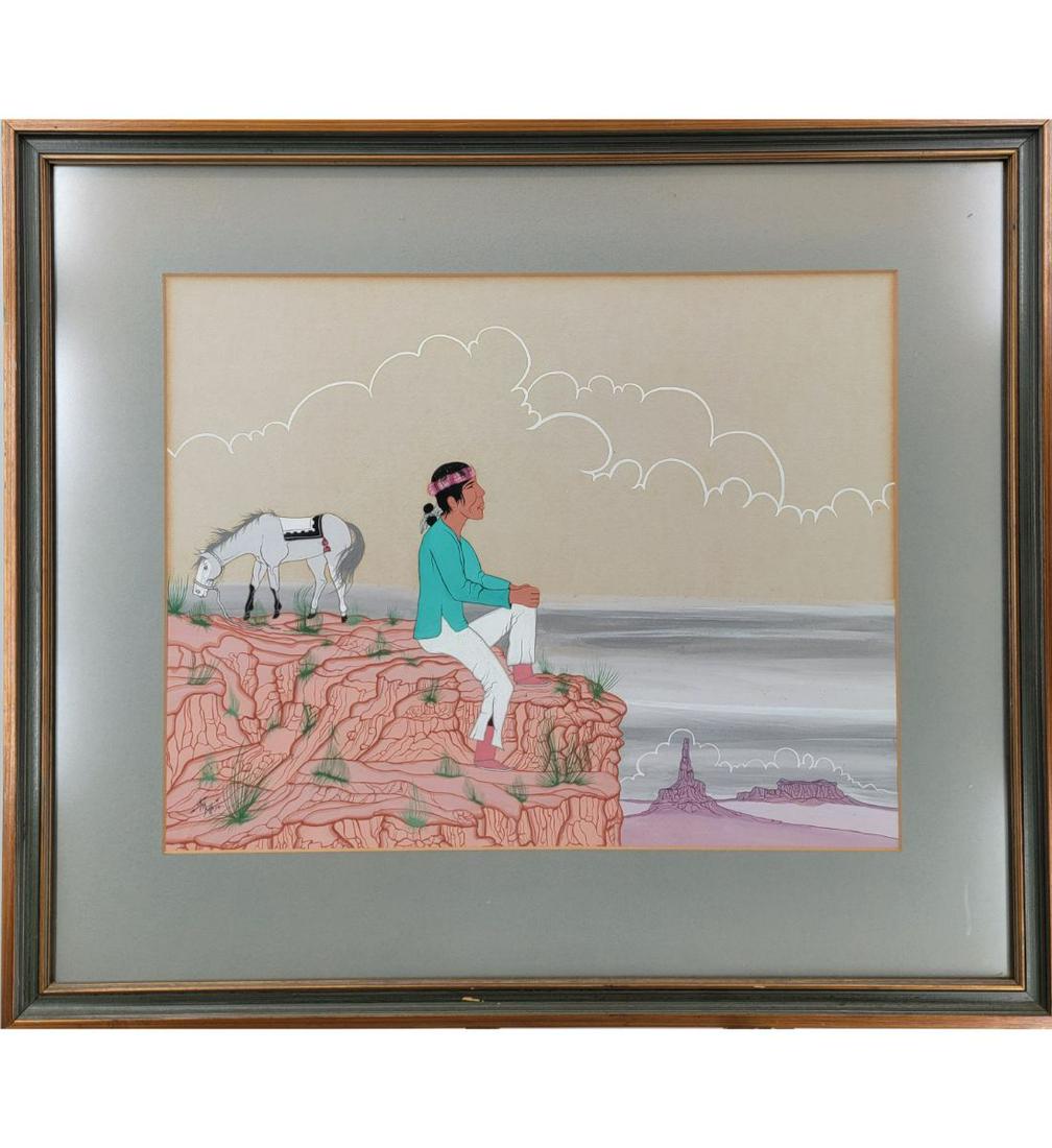 New Mexico Stanley Battese B1936 Native American Indian Water Color Painting Signed: Stanley Battese, also called Kehdoyah, is a Navajo-American painter and printmaker born in Fort Defiance, Arizona. Primarily active in the 1950s and 1960s, he is known for his paintings and prints of 