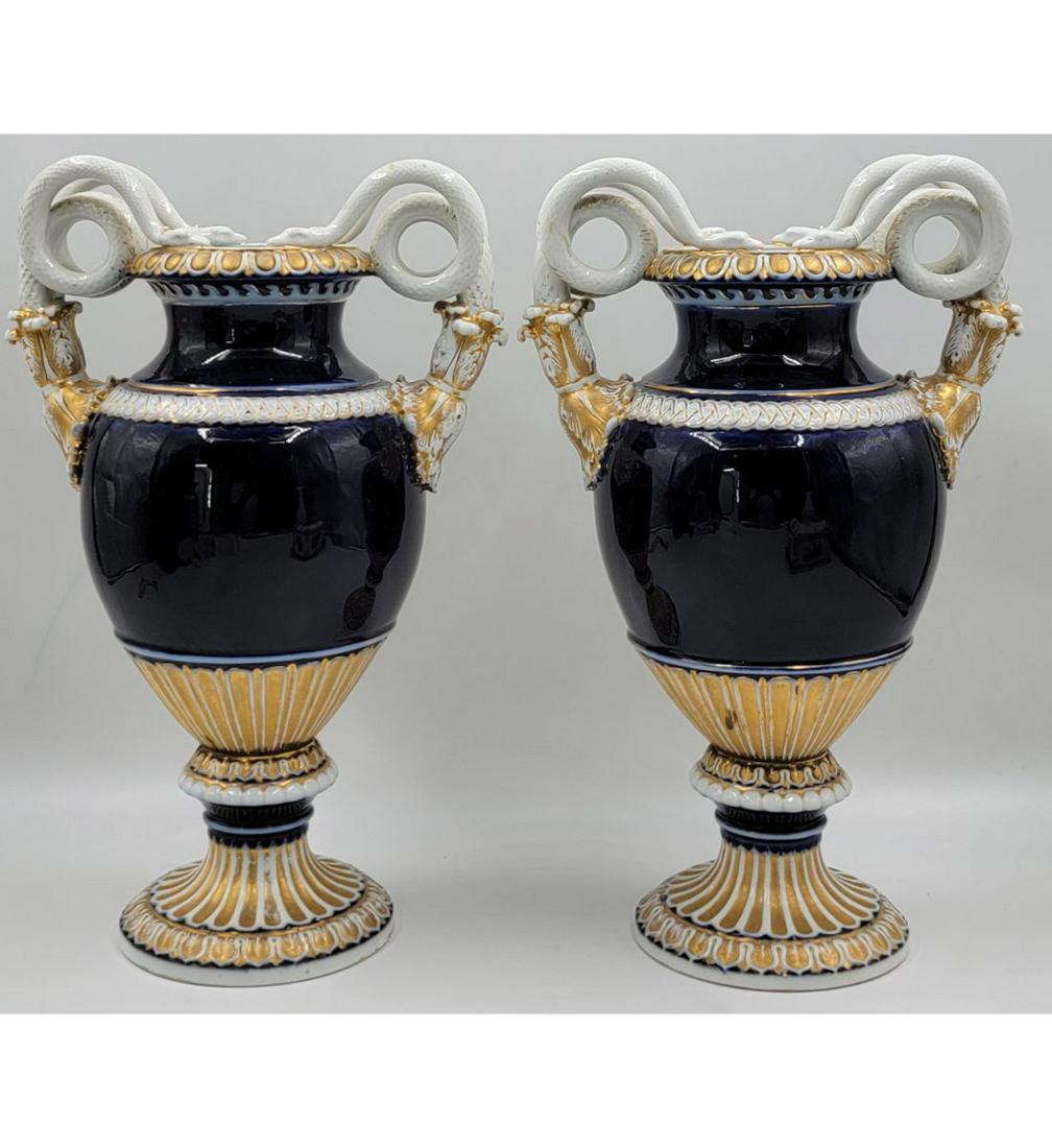 A Pair Of Very Fine Meissen Urns With Snakes Sword Marks 19th Century: A Pair Of Very Fine Meissen Urns With Snakes Sword Marks 19th Century. Measure 15.5" Tall. Please carefully read our terms of sale, shipping information, and request any condition reports or photos pr