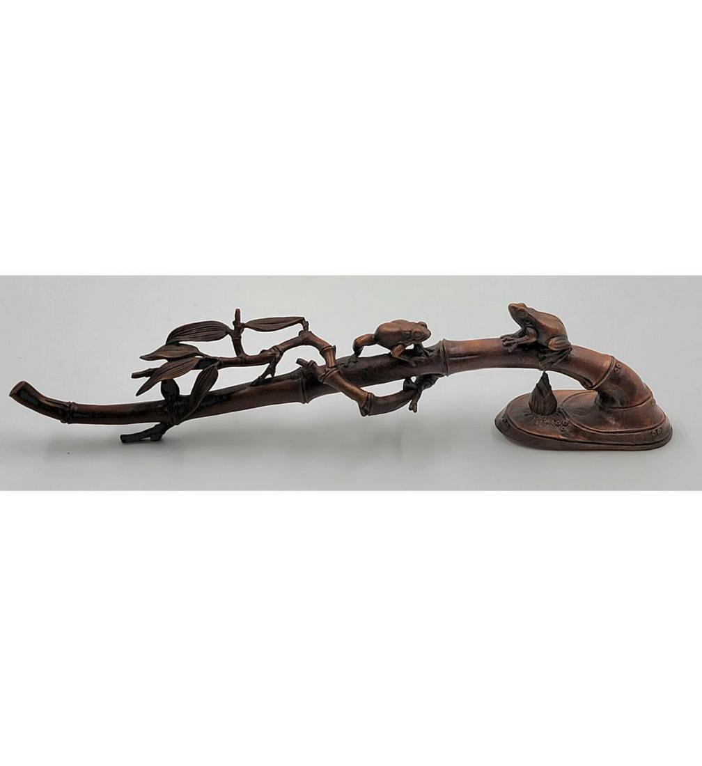 A Chinese Carved Boxwood Calligraphy Brush Rest Two Frogs Perched On A Lotus Stem 1900-20: A Chinese Carved Boxwood Calligraphy Brush Rest Two Frogs Perched On A Lotus Stem 1900-20. Measure 11 3/4". Please carefully read our terms of sale, shipping information, and request any condition rep