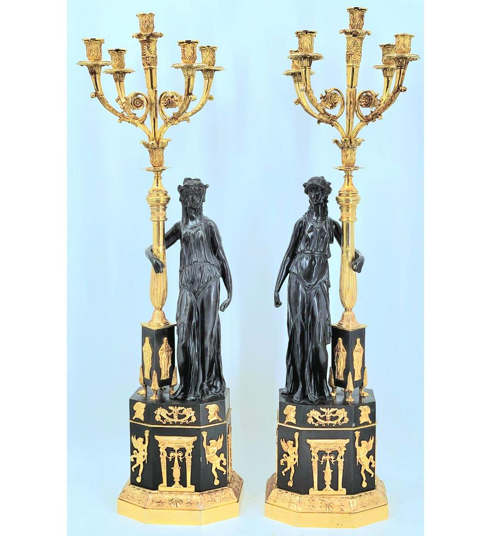 Outstanding Directoire Style Parcel Gilt Bronze Figural Candelabras Possibly 18-19th C: (LAST PIC SHOWS A COMP FROM CHRISTES VERY SIMILAR SOLD FOR 37500.00, THIS PAIR I WAS TOLD HAD BENN PROFESSIONALLY RESTORED IN TERMS OF THE GILT BRONZE) Pair Of Outstanding Directoire style Parcel Gilt