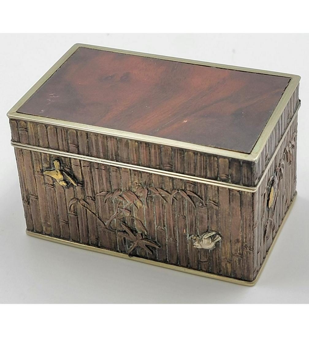 A Very Fine Sterling & Mix Metal Japanese Box 19th C Meiji Period, Komei Metal Work & Shibayama: A Very Fine Sterling & Mix Metal Japanese Box 19th C Meiji Period, Komei Metal Work & Shibayama. Measure 3" X 2" X 1 3/4"Please carefully read our terms of sale, shipping information, and request any 