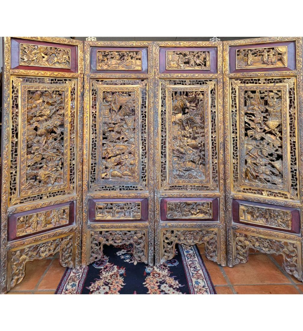 A Nice Carved Hardwood And Gilt Paint Chinese Wood Screen (1 of 15)