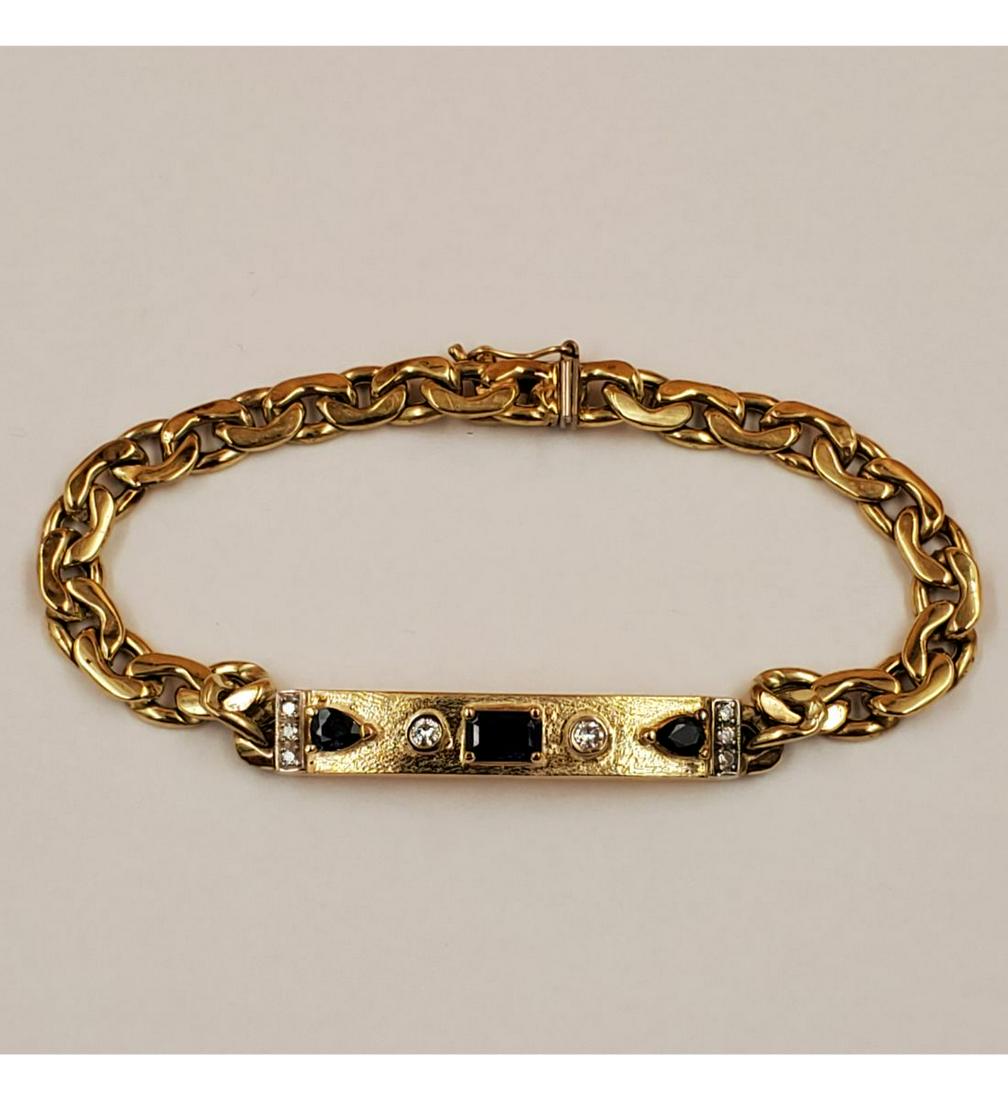 14kt Gold Ladies Bracelet with Diamonds & Sapphires: 14kt Gold Ladies Bracelet with Diamonds & Sapphires. Weighs 11.48g. Please carefully read our terms of sale, shipping information, and request any condition reports or photos prior to placing a bid. A