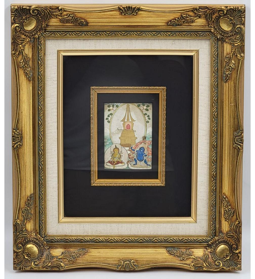 Antique Tibetan Thangka Painting 19th Century: Unusually detailed. Originally brocade-mounted. Frame measuring approximately 15.5" X 13.5", Sight - about 5" X 3.5". Please read carefully our terms of sale, shipping information, and request any con