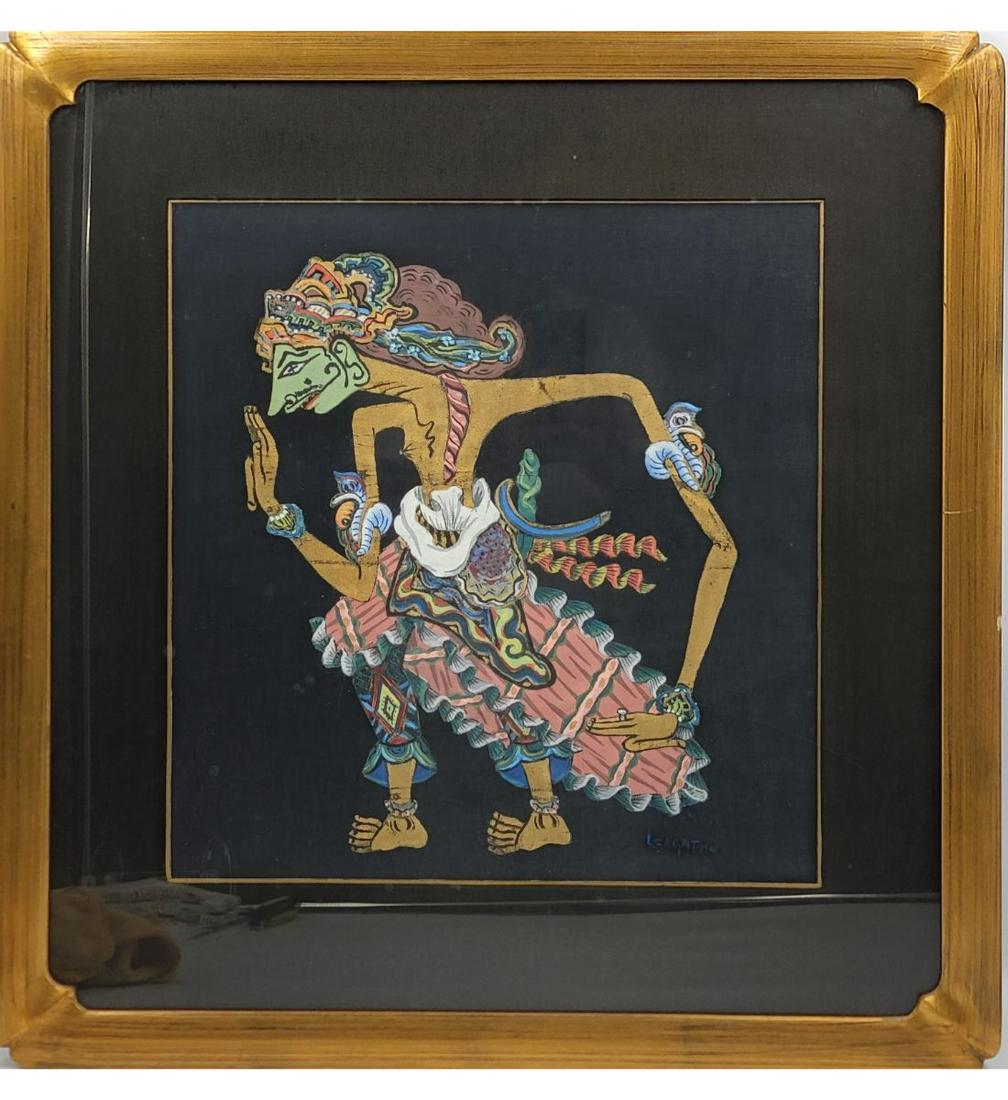 A Signed Indonesian Javanese People Wayang Painting: A Signed Indonesian Javanese People Wayang Painting. Frame Measure 26.5" X 25.5", Sight 23.5" X 22.5". Please carefully read our terms of sale, shipping information, and request any condition reports 