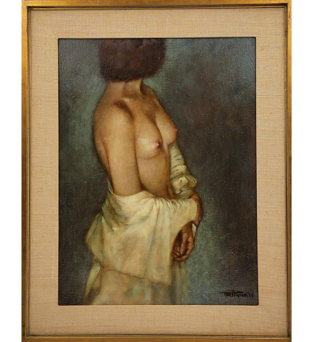 American California Wade Reynolds 1929-2011 O/C Female Nude ORIGINAL: American California Wade Reynolds 1929-2011 O/C Female Nude ORIGINAL. Frame Measure 29.5" X 23.5", Sight 18" X 24". This painting was purchased in the 1970's by a woman as part of an investment in art