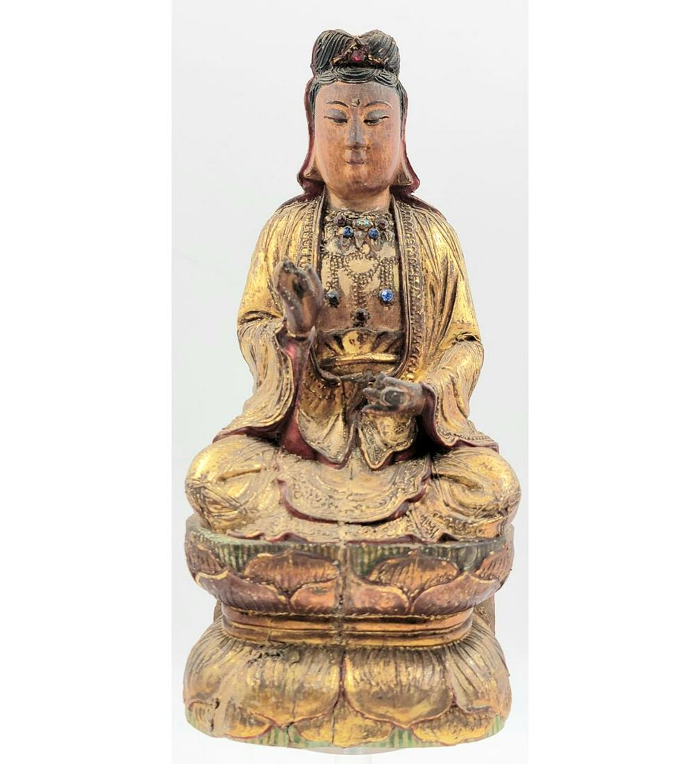 A Fine Chinese Seated Buddha On A Lotus, Kwan Yin In Gilt Paint And Polychrome Decorated With Jewels (1 of 20)