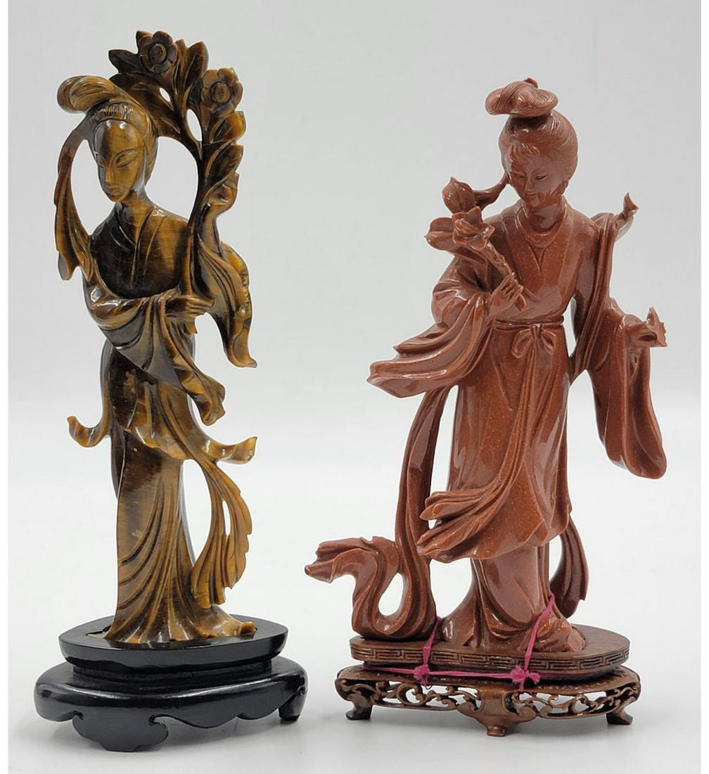 Lot Of 2 Carved Chinese Figures Tiger's Eye & Goldstone (1 of 15)