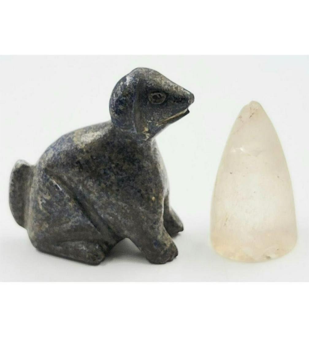 A Lapis Dog & Cone-Shaped, Quartz Seal Stamp: The antique dog looks Chinese. The stamp, possibly Mesopotamian. While quartz stamp seals in any form are prized by antiquity collectors, conical stamps are especially coveted owning to their beauty a