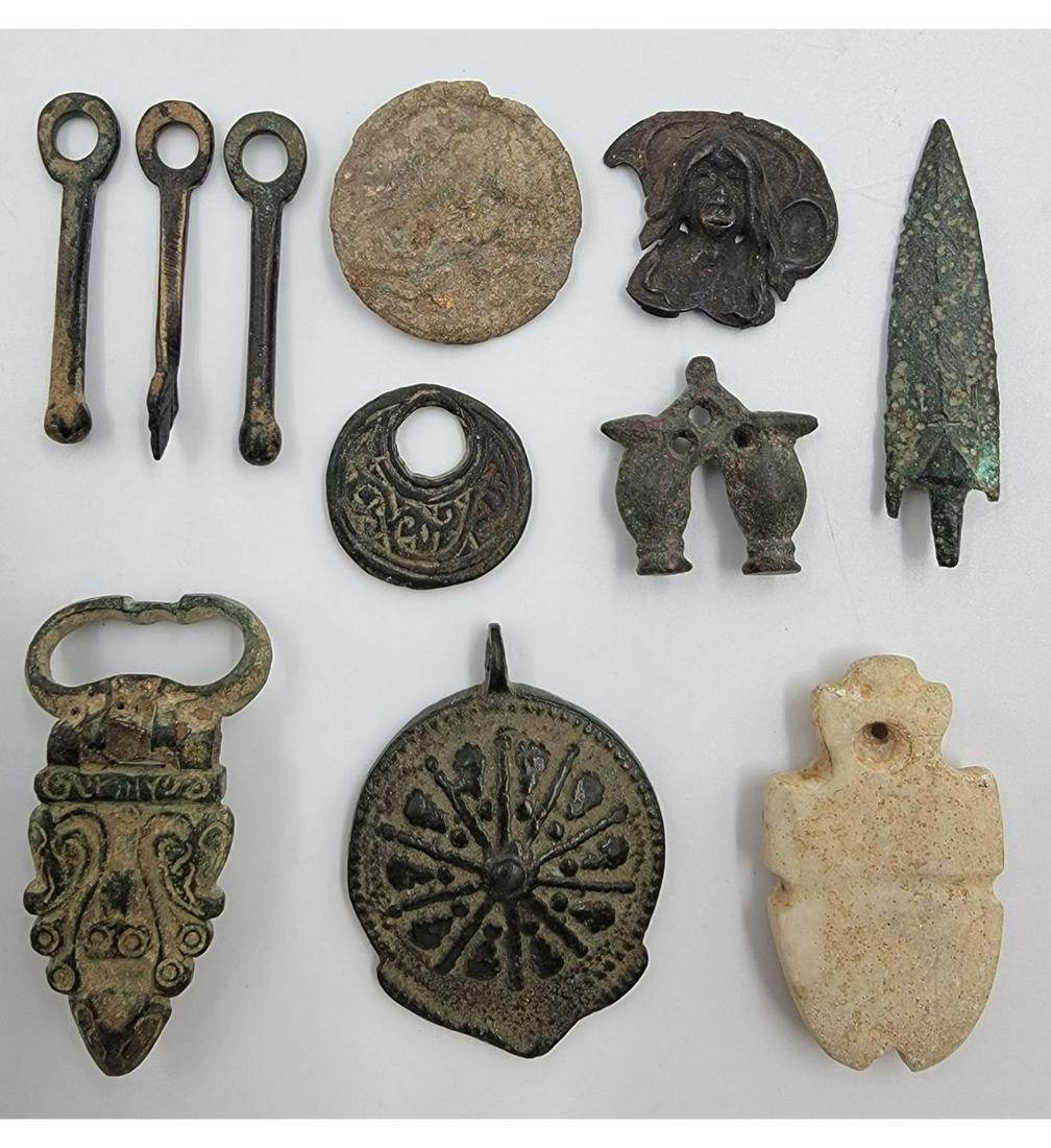 A Grouping Of Ancient Artifacts, Belt Buckle Pendants Arrow Tip, Etc. (1 of 16)