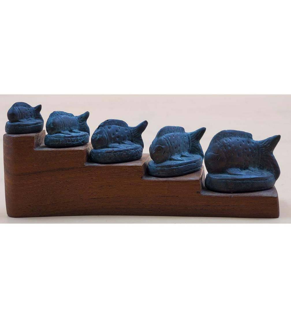 5 Antique Opium Scale Fish Weights on Custom Stand (1 of 18)