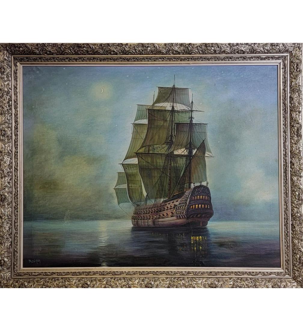 Large Oil On Canvas Battle Ship Maritime Painting Signed "MOLINAS" (1 of 10)