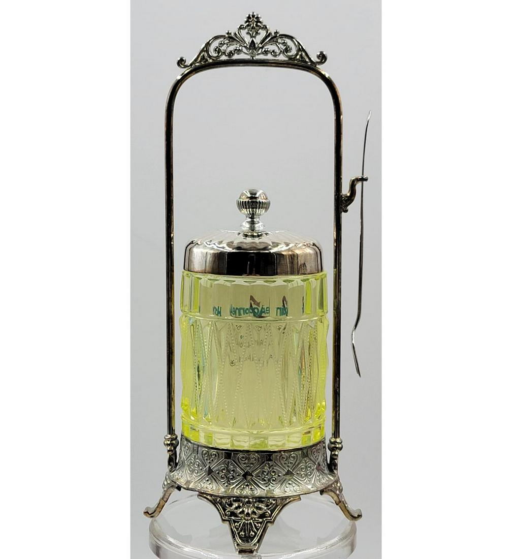 A Fine Antique Pickle Castor Vaseline Glass George Duncan & Sons 1882 Beaded Dart Band: A Fine Antique Pickle Castor Vaseline Glass George Duncan & Sons 1882 Beaded Dart Band. Measure 11" Tall. Please carefully read our terms of sale, shipping information, and request any condition repor