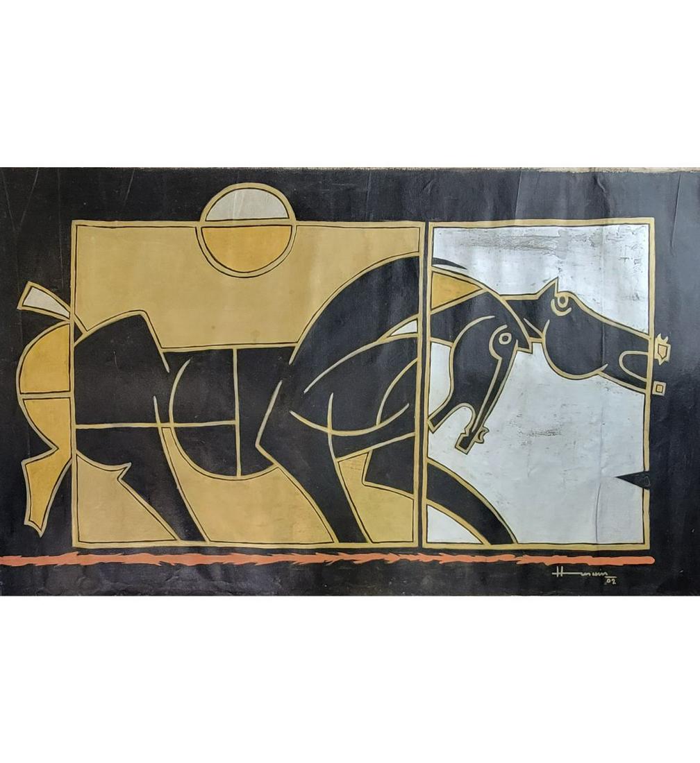 India-Maqbool Fida Husain 1913-2011 Oil Painting Horses No COA (1 of 12)