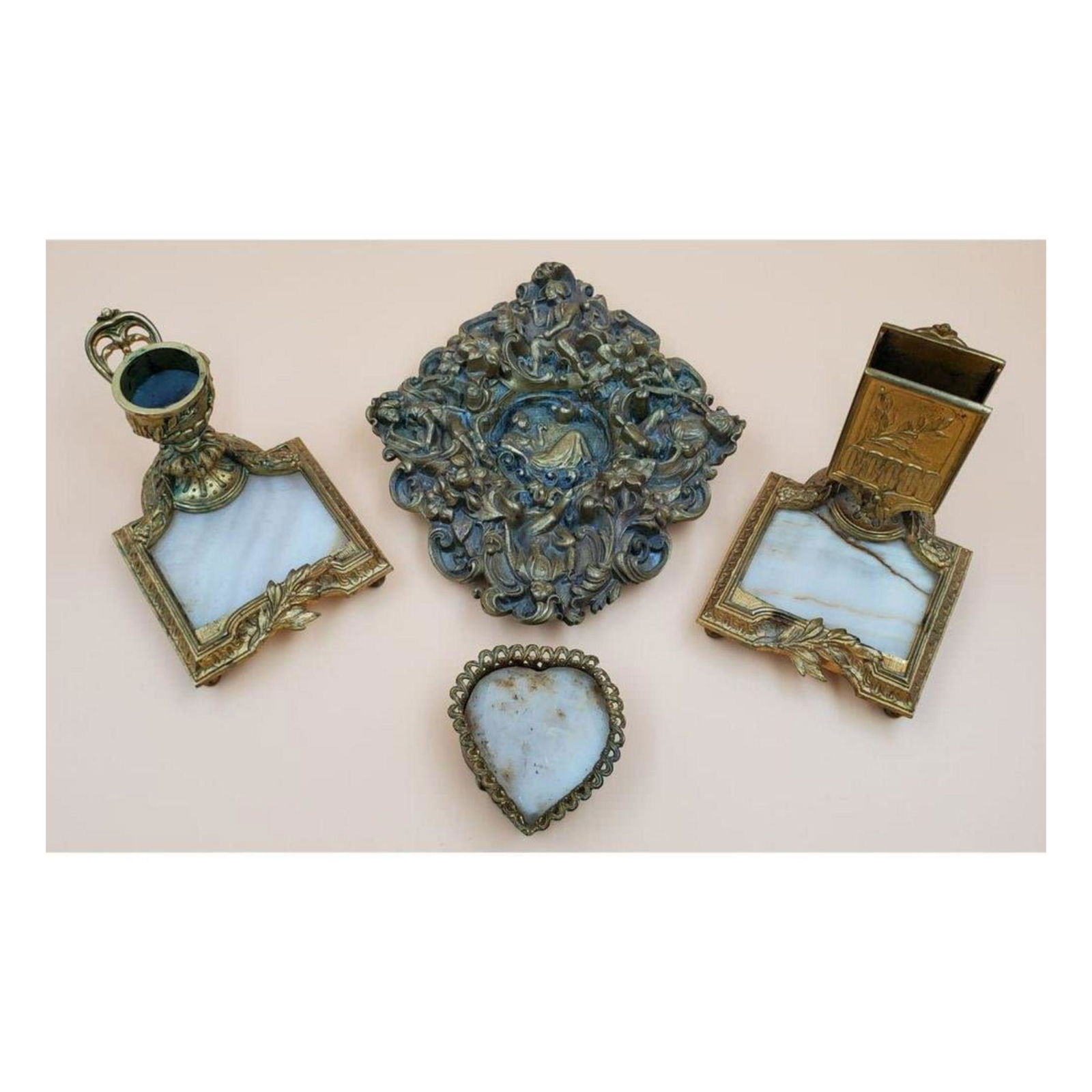 Lot of French Bronze Desk Sets, Includes Candle Holder, Match Box Holder, & Ashtrays (1 of 20)