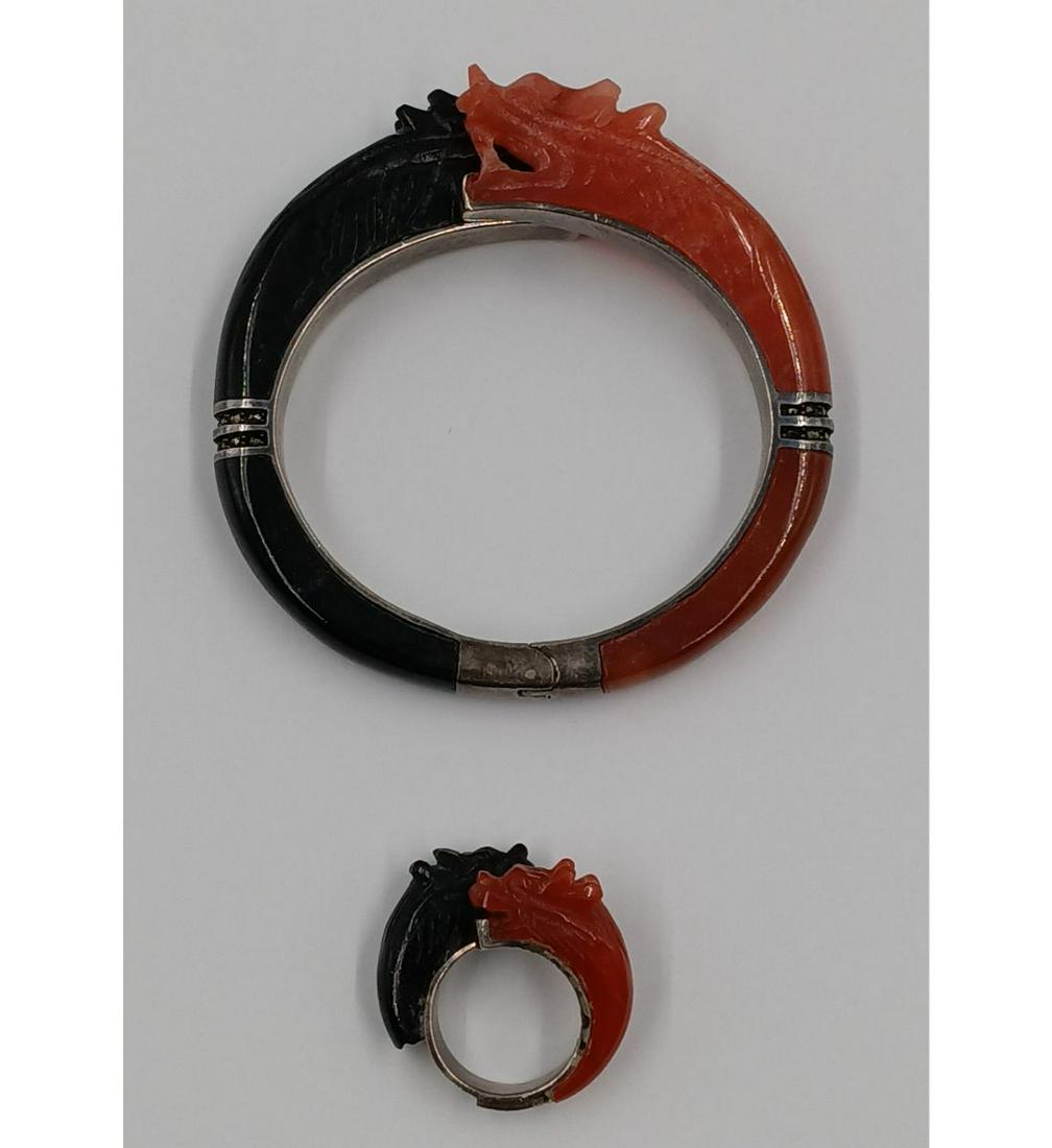 A Chinese Dragon Carnelian Onyx Silver Bangle And Ring (1 of 11)