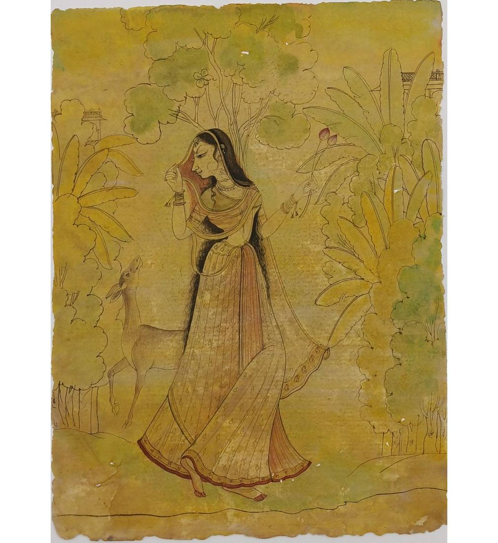 Old Indian Miniature Painting "Kishangarh School": Old Indian Miniature Painting "Kishangarh School". Measures approx. 9" X 6 3/4". Please carefully read our terms of sale, shipping information, and request any condition reports or photos prior to pla