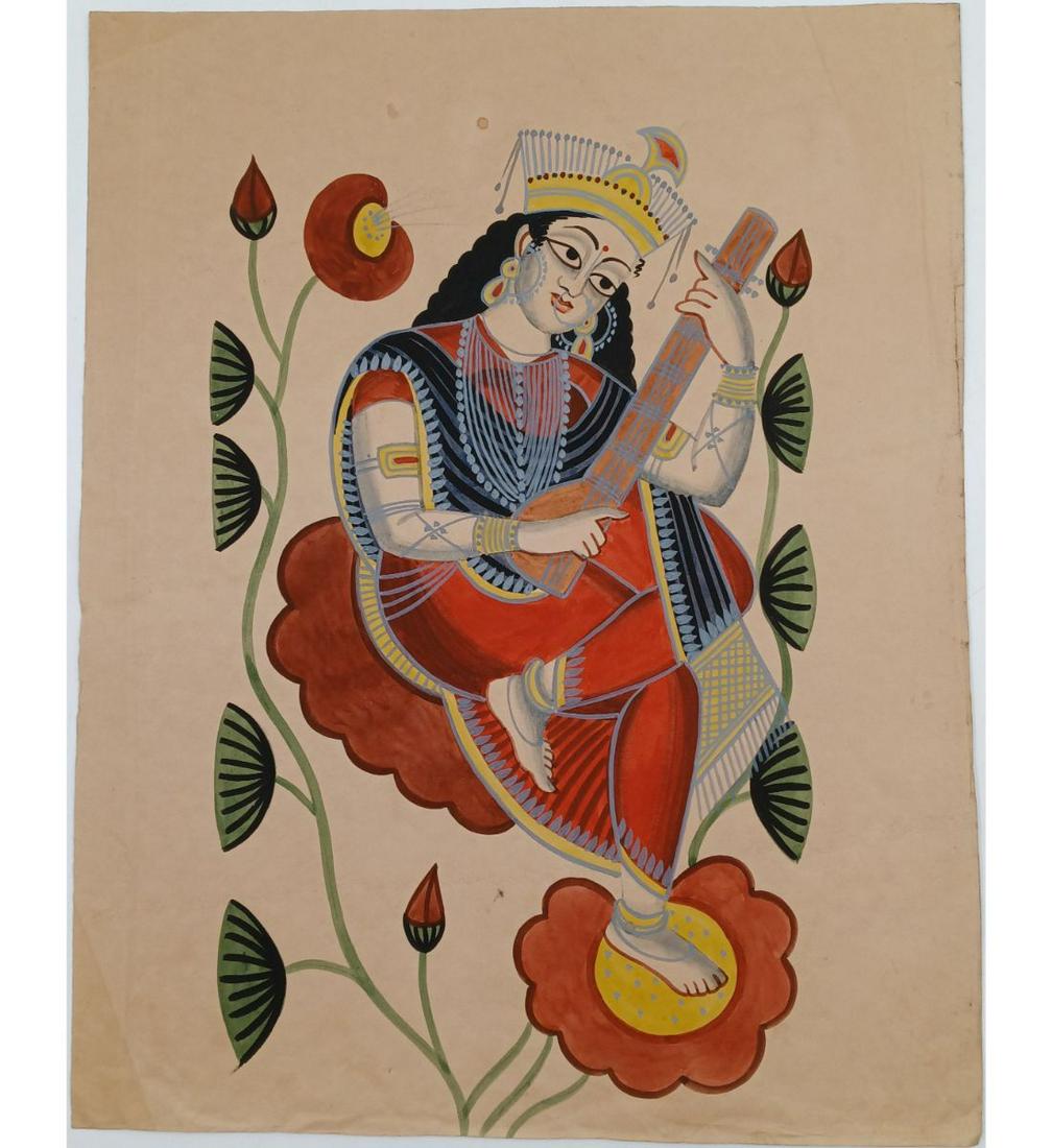 Indian Kalighat Painting "Goddess Saraswati" (1 of 7)