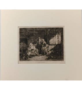 A Sigmund Freudenberger Etching- L'Horoscope RÃ©alisÃ©, 1879: A Sigmund Freudenberger Etching- L'Horoscope RÃ©alisÃ©, 1879. Measures approx. 17" x 19 1/4", Sight measures approx. 7 7/8" x 10 1/2". Printed in E. Delarue, Paris, France. Sigmund Freudenberger (