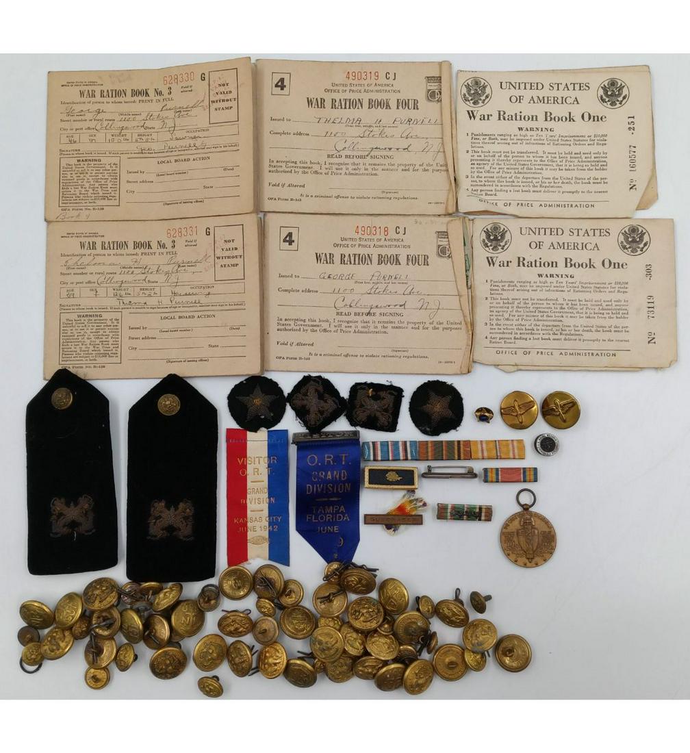 Large Lot Of Brass Military Buttons, Cloth Insignias, Ribbons, And WWII Ration Books (1 of 19)