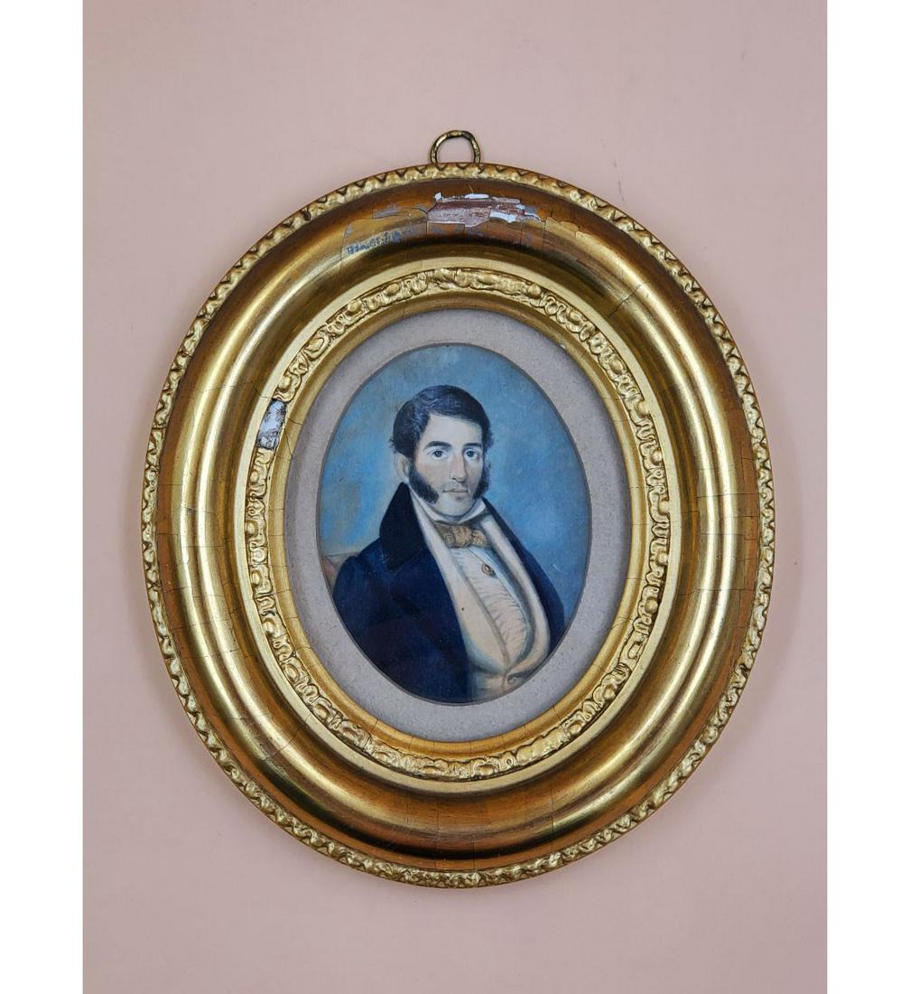 19th C Watercolor Portrait of a Man in Formal Dress: 19th C Watercolor Portrait of a Man in Formal Dress. The frame measures 8 1/4" x 7 1/4" and the Sight measures 4 1/8" x 3 1/8". This Collection Was Donated By A Private Collector To The One Human One 