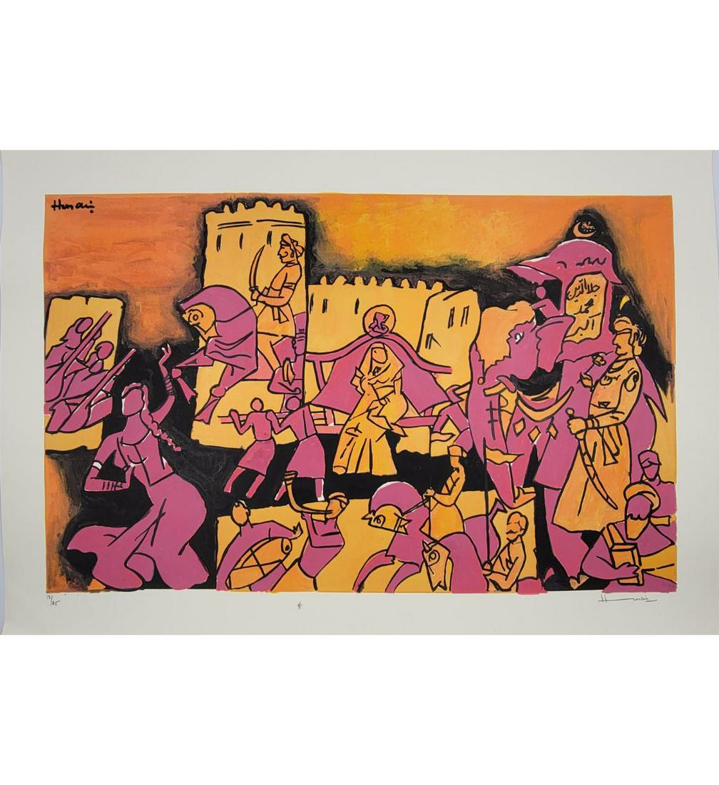 Maqbool Fida Husain 1915-2011 Serigraph "MUGHAL E AZAM " 18/25 W/ COA: Maqbool Fida Husain 1915-2011 Serigraph "MUGHAL E AZAM " 18/25 W/ COA, 28" X 20". Please carefully read our terms of sale, shipping information, and request any condition reports or photos prior to pl