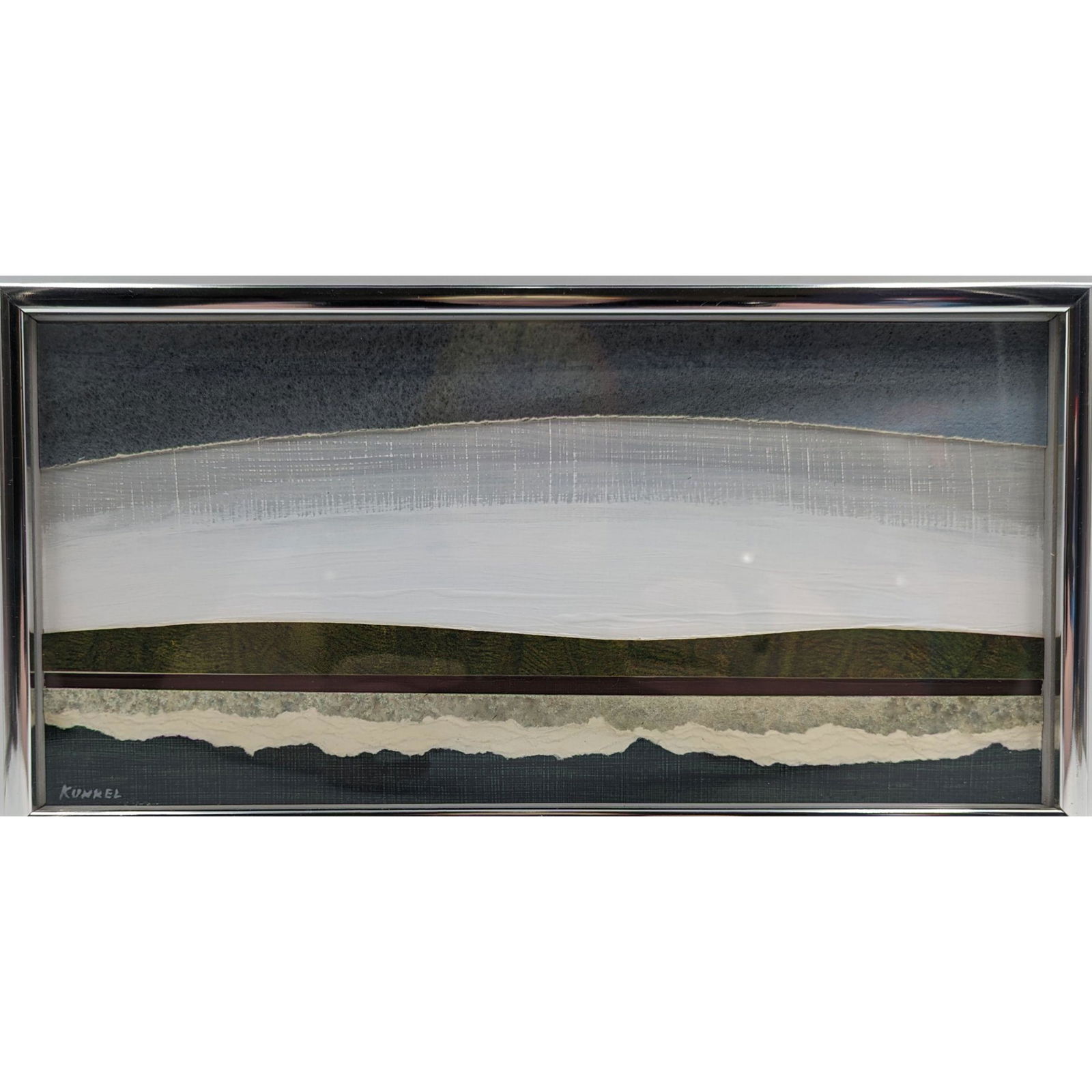 Signed George Kunkel (1922-1984) Acrylic Collage "Squam Creek": Signed George Kunkel Acrylic Collage "Squam Creek". Measures approx. 6 1/4" X 12 1/4". Please carefully read our terms of sale, shipping information, and request any condition reports or photos prior