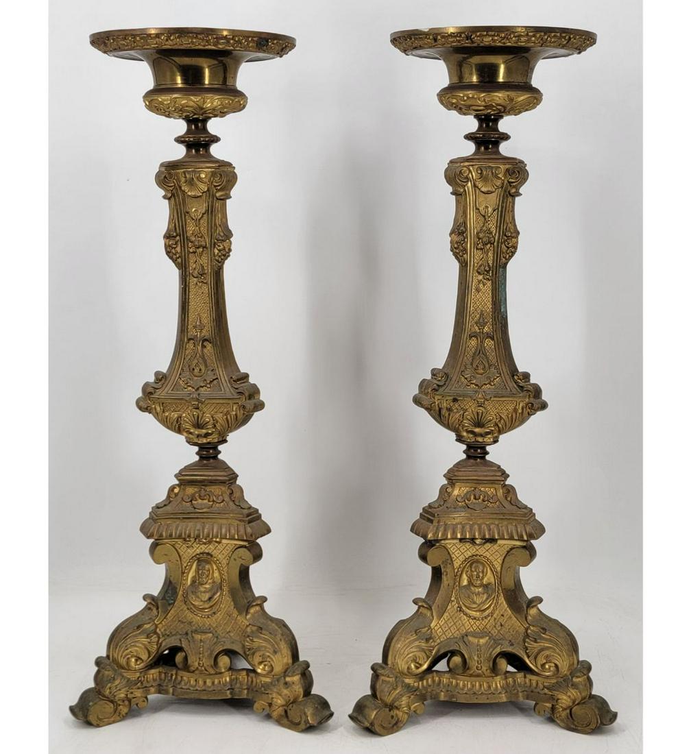 A Fine Pair Of 19th Century Altar Stick Candle Holder Religious Candle Holders W/ Embossed Jesus (1 of 20)