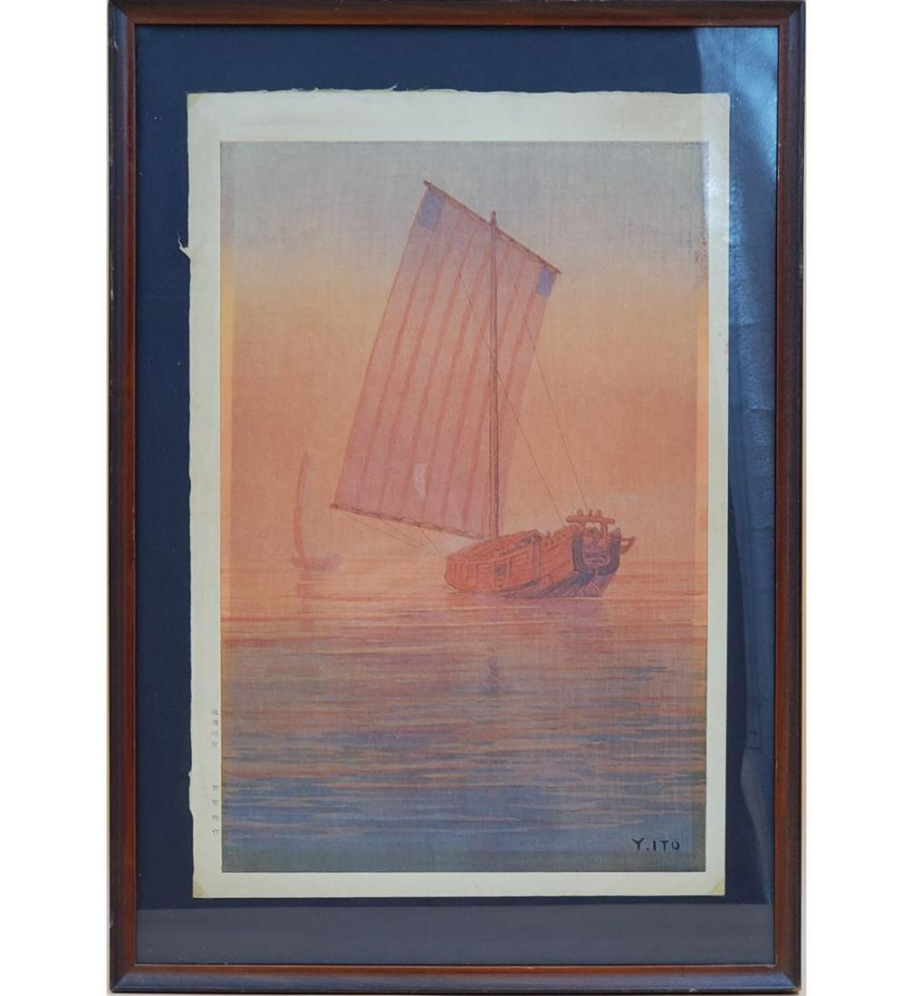 Signed Ito Yuhan (1882-1951), Framed Original Woodblock Print â€œBoats In The Sunset Glow”, (1 of 10)