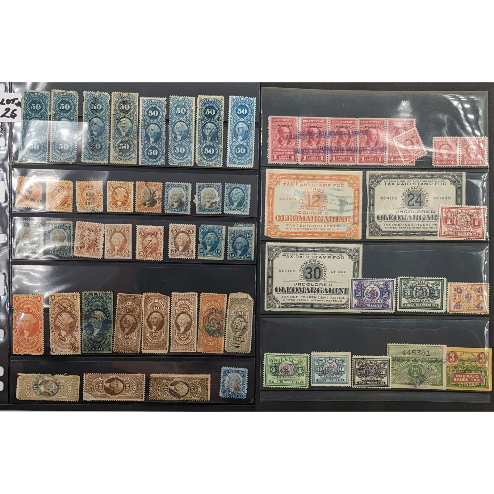 3 Stock Sheets Of US Revenue Stamps, One Sheet From The 19th C. GW Series, Others Are A Mix (1 of 16)