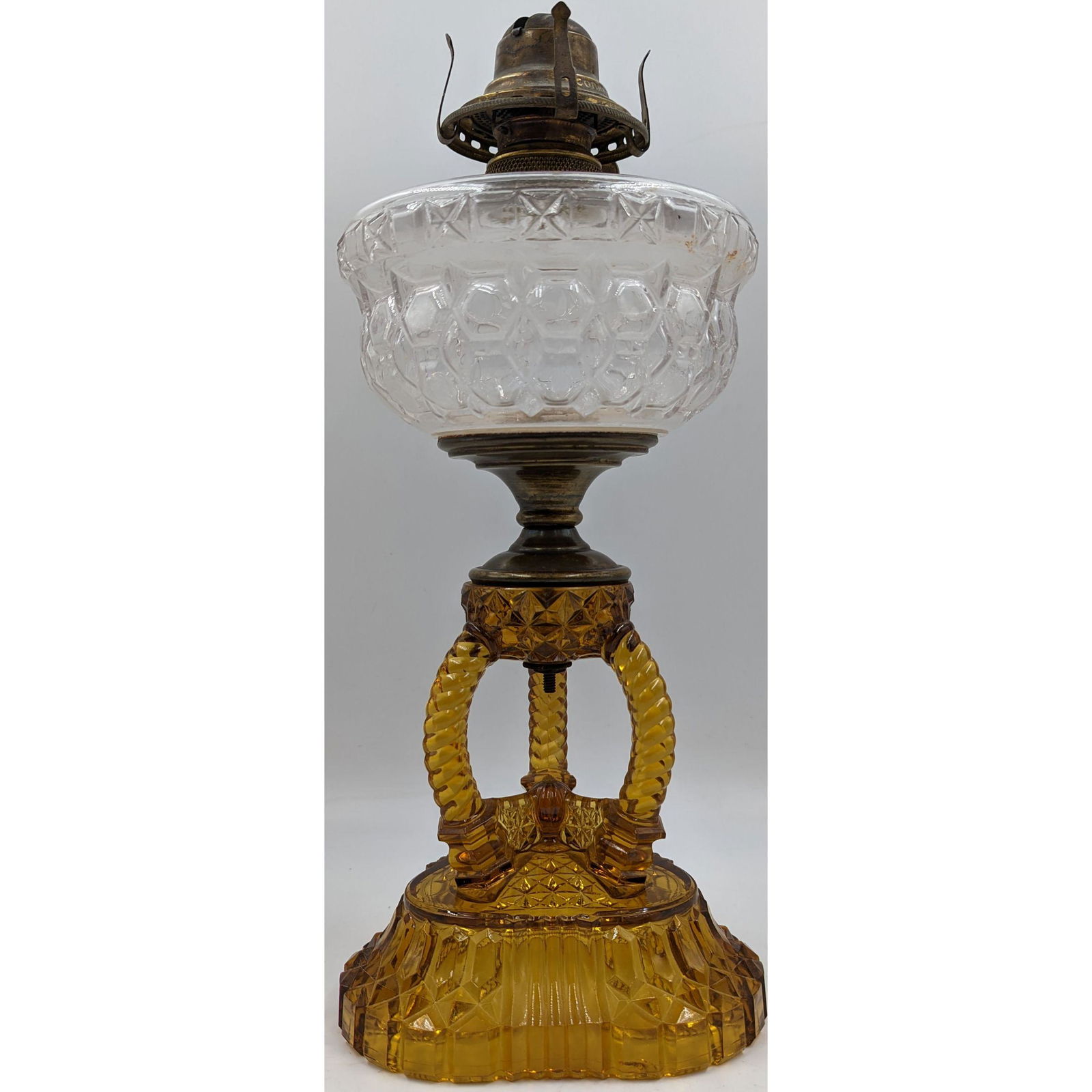 Antique Cathedral Amber Glass Oil Lamp, Possibly Late 19th Century (1 of 8)