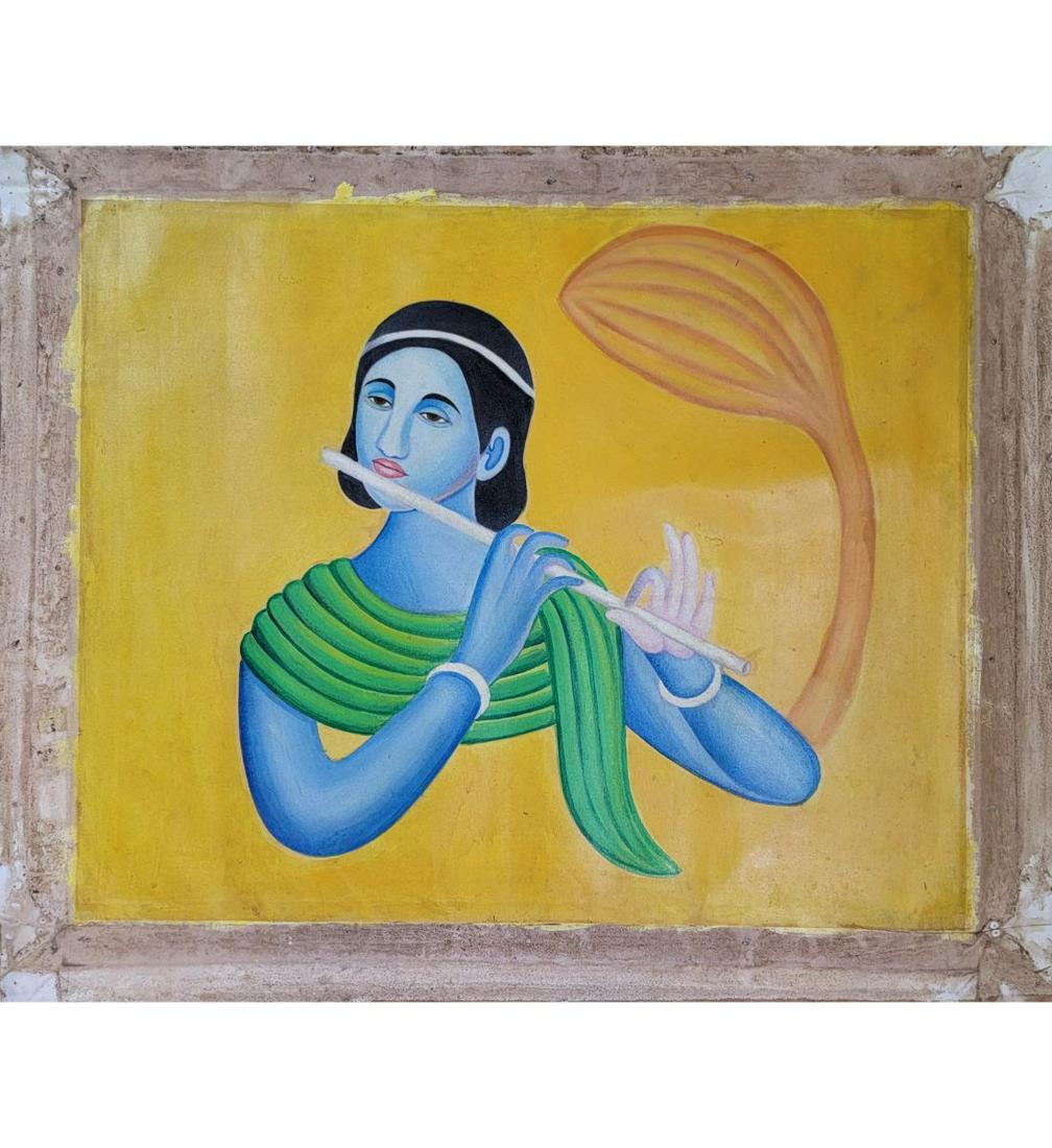 India-Manjit Bawa 1941-2008 Oil On Canvas Krishna Playing Flute Signed Verso "Manjit Bawa 98" (1 of 16)