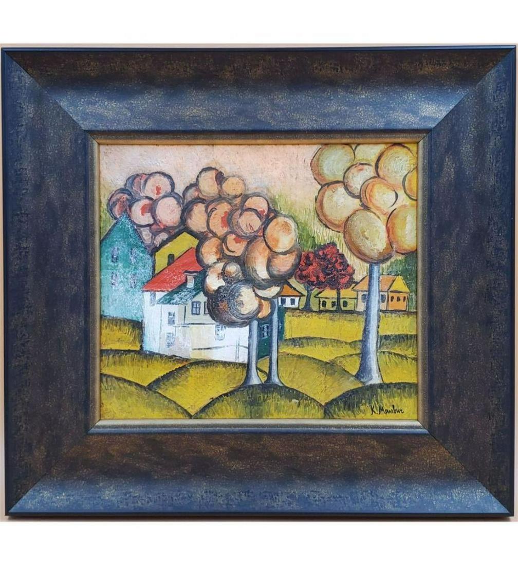 Oil on Canvas Landscape Painting Signed K. Moarbuz: Oil on Canvas Landscape Painting Signed K. Moarbuz. The Frame measures 14 1/2" x 15 3/4", and the Sight measures 8 5/8" x 9 3/4". This Collection Was Donated By A Private Collector To The One Human On