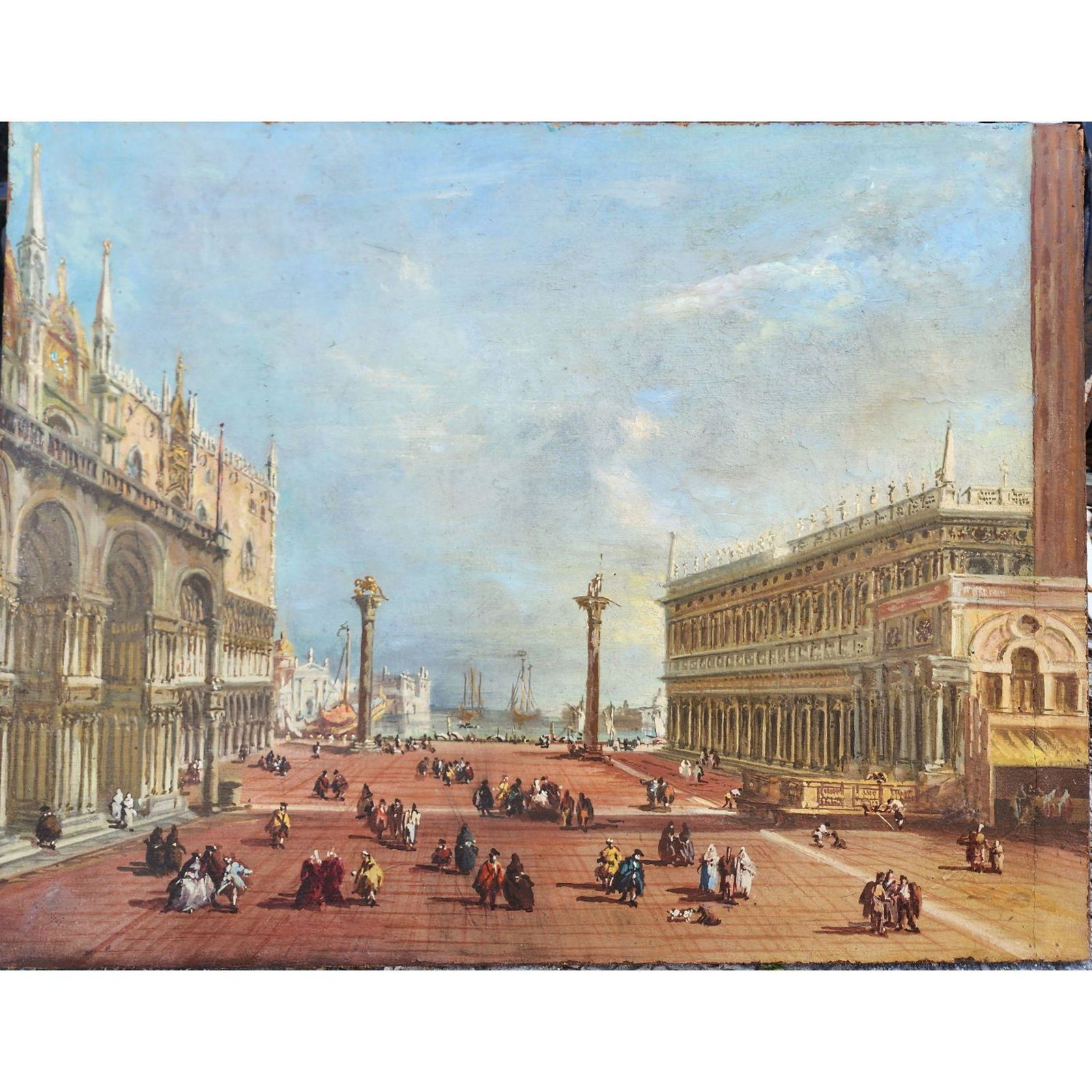 Antique Oil On Canvas After Giuseppe Bernardino Bison Of San Marco Piazza, 19th Century: Antique Oil On Canvas After Giuseppe Bernardino Bison Of San Marco Piazza, 19th Century. Measures approx. 20" X 26" unframed. There does appear to be a small area of touch-up. Please carefully read ou