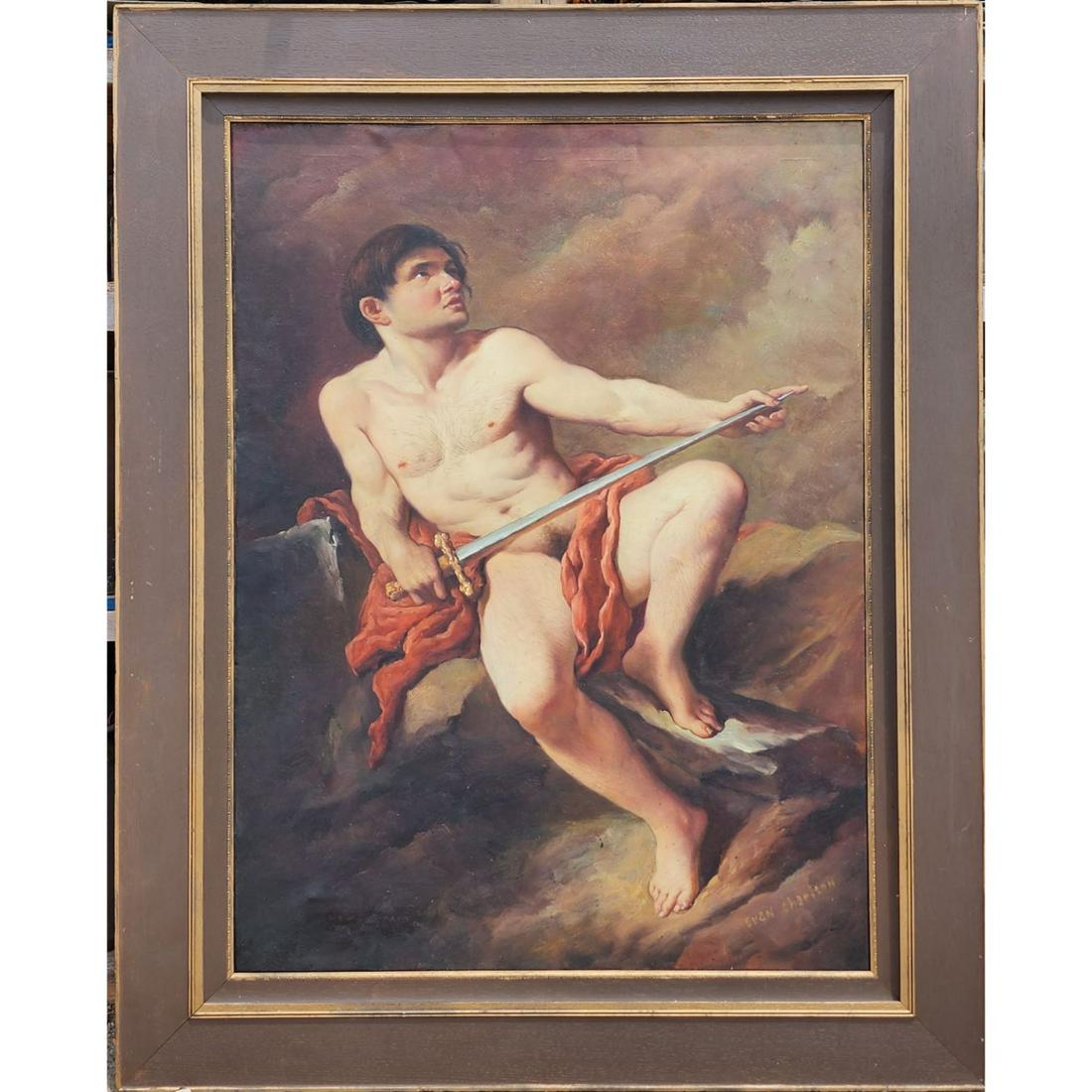 Academic Style Male Nude O/C Painting, Signed Evan Charlton: Academic Style Male Nude O/C Painting, Signed Evan Charlton. Measures approx. 50" X 40", Sight measures approx. 39 1/2" X 29 1/2". Please carefully read our terms of sale, shipping information, and re