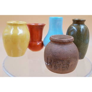 Lot of Five American Pottery Miniatures: Lot of Five American Pottery Miniatures. Includes a 3" Shearwater Pottery Blue Vase, a 2 1/2" Yellow From 1940 World's Fair, a 2 1/4" Orange Vase from Aamco, a 2 7/8" Francoma Vase, & a 1 7/8" Boston