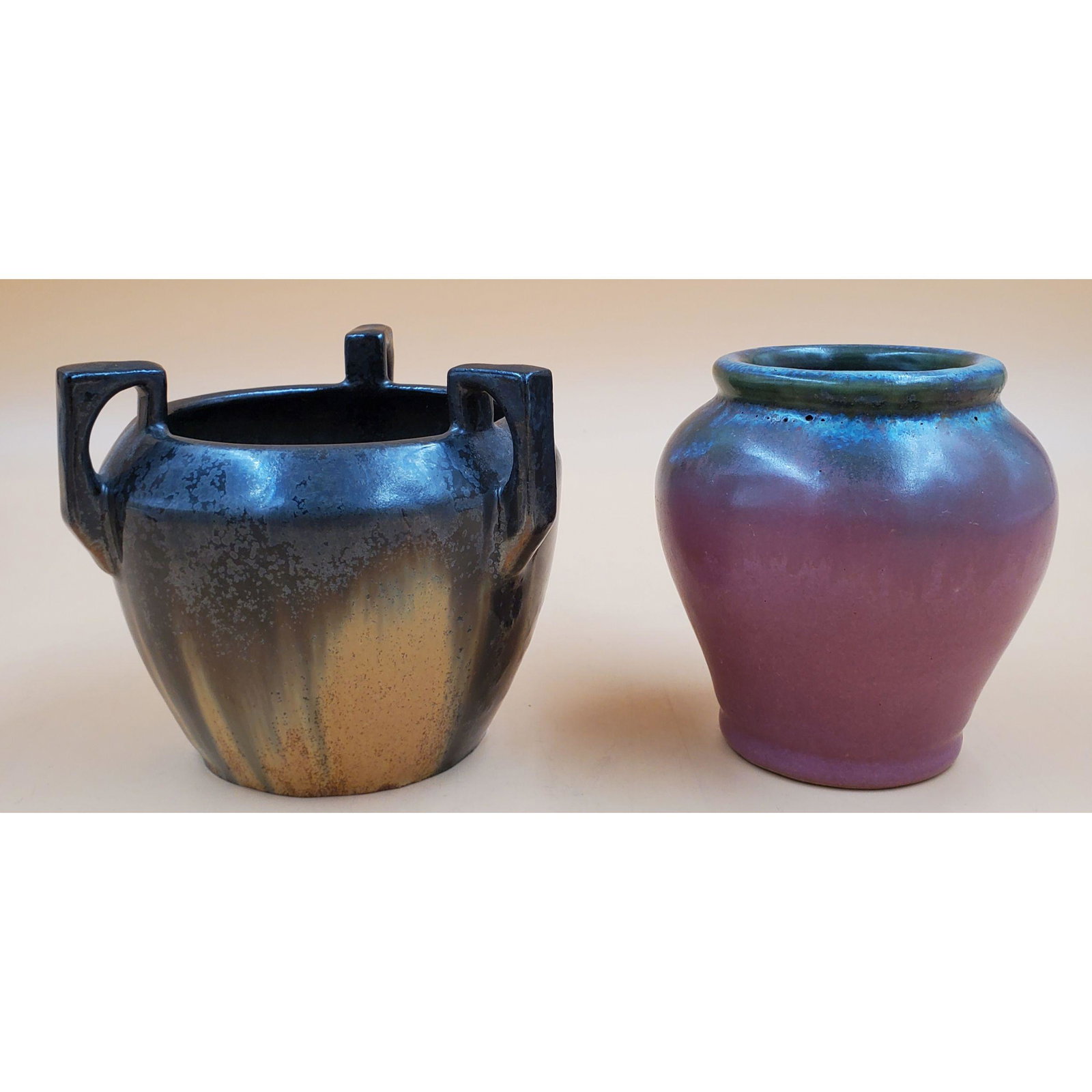 Lot Of 3 Fulper Pieces Includes 2 Cat's Eye Glazes, Both Marked.: Lot Of 3 Fulper Pieces Includes 2 Cat's Eye Glazes, Both Marked. The first is shape 57, a 6" cylinder with nick on upper rim, next is a shape 59, a 4 1/4" x 4 1/2" triple handled jardiniere, and the l