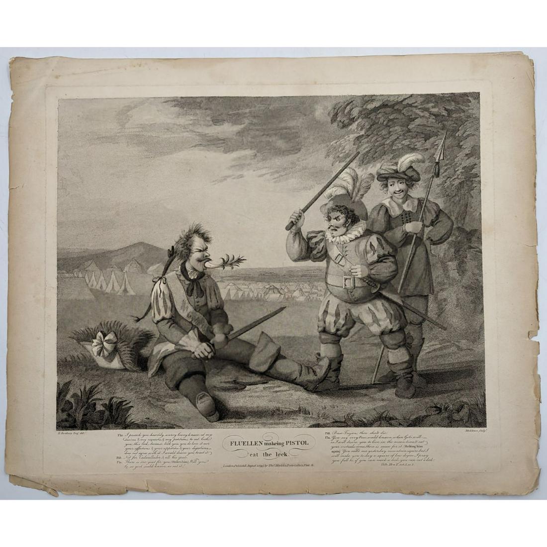 William Henry Bunbury 1750-1811 Etching "Fluellen Makeing Pistol Eat The Leek": William Henry Bunbury 1750-1811 Etching "Fluellen Makeing Pistol Eat The Leek". Measures approx. 18" X 22". Please carefully read our terms of sale, shipping information, and request any condition rep