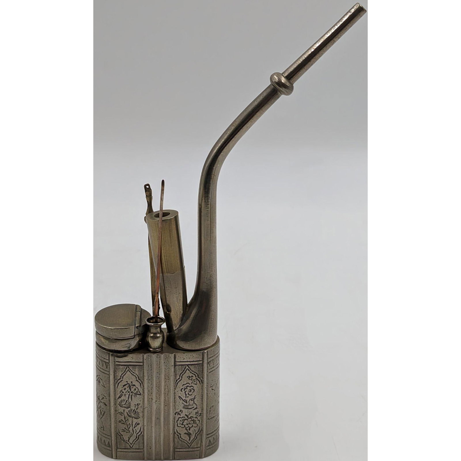 An Antique Engraved Chinese Water Pipe With Calligraphy: An Antique Engraved Chinese Water Pipe With Calligraphy. Measures approx. 9 3/4" x 2 3/4". Please carefully read our terms of sale, shipping information, and request any condition reports or photos pr