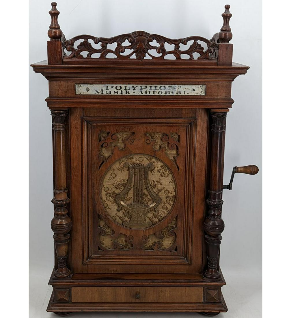 Antique German Coin Operated Polyphone Disc Music Box With Key, Crank, And Documents (1 of 19)