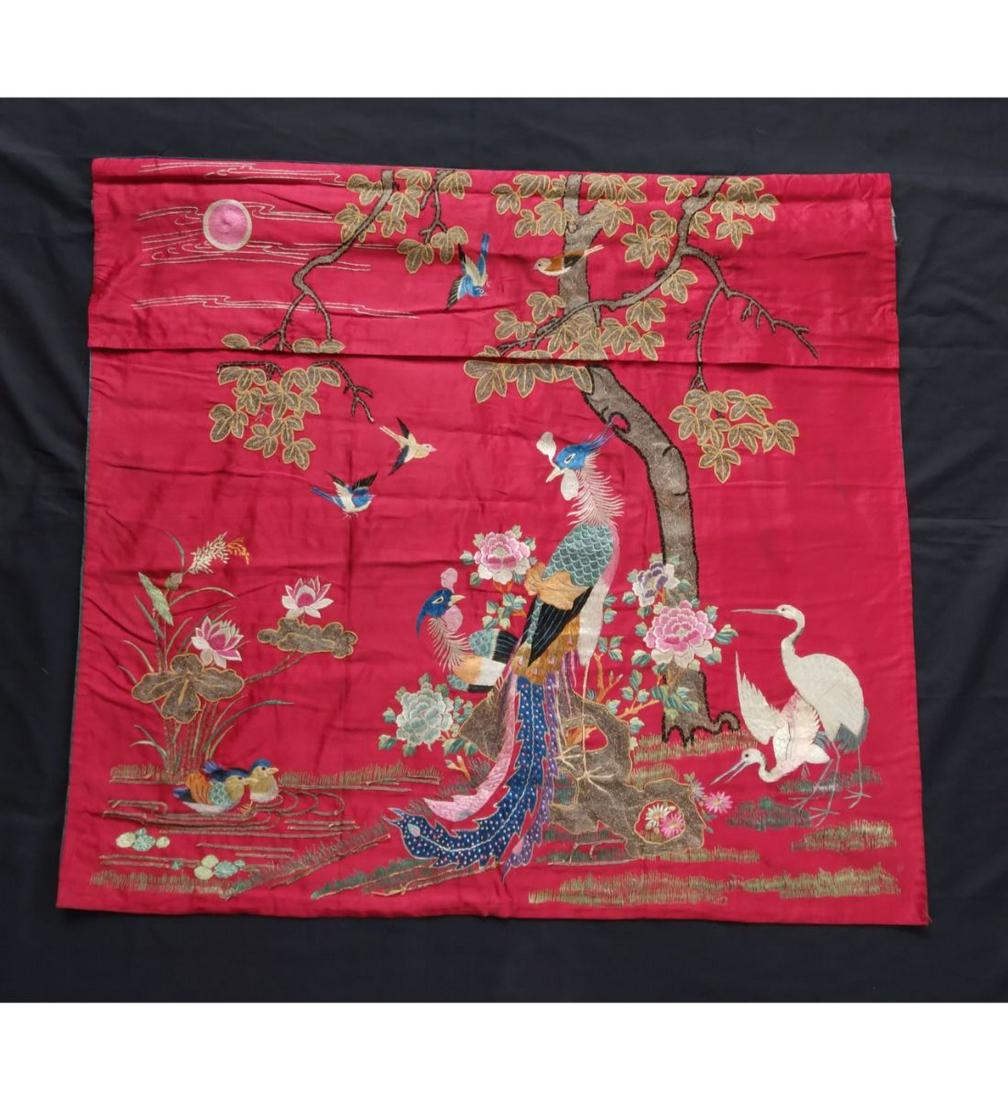 A Fine 19th C. Chinese Silk Embroidered Panel: A Fine 19th C. Chinese Silk Embroidered Panel. Measures 88.2cm x 80cm. Please carefully read our terms of sale, shipping information, and request any condition reports or photos prior to placing a bid