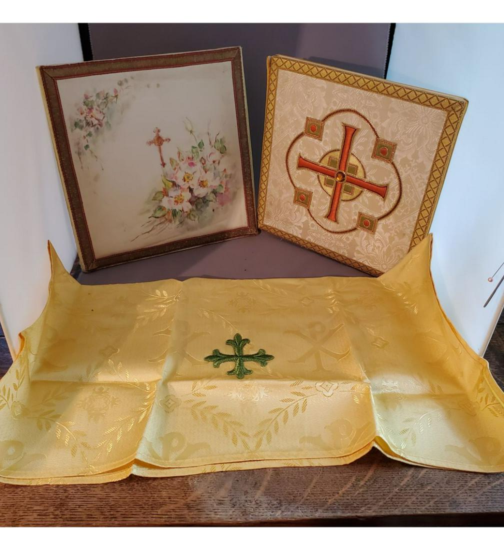 Two Lovely Early Hand Made Traditional Latin Mass Burses, One With Chalice Veil: Two lovely early hand made traditional Latin mass burses, one with chalice veil. The one burse is all hand painted and the other has elaborate thread work. Both are circa 1930 and in very nice conditi