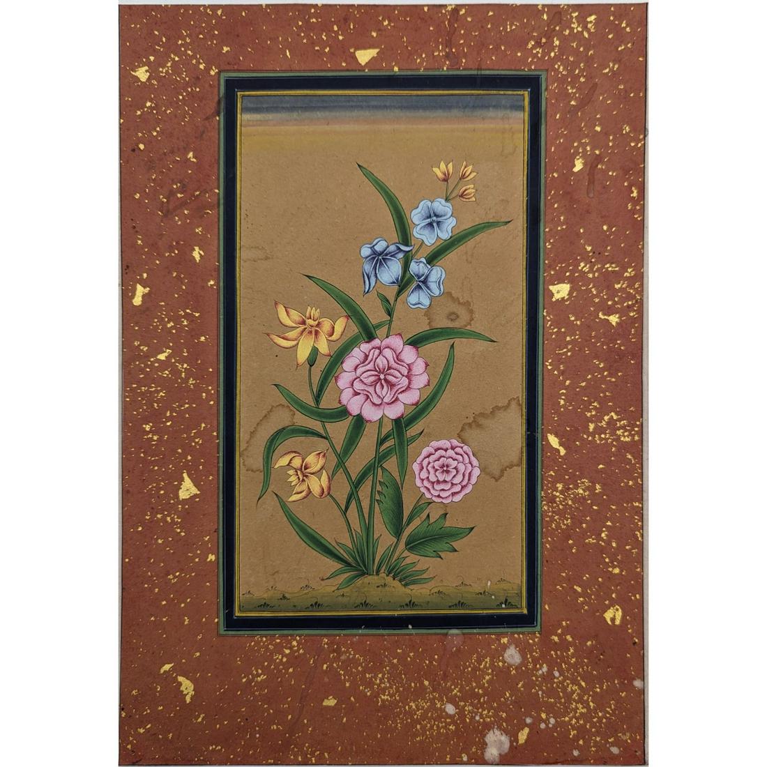 Indian Miniature Mughal Flowers Painting: Indian Miniature Mughal Flowers Painting. Measures approx. 10 1/4" X 7 1/2". Please carefully read our terms of sale, shipping information, and request any condition reports or photos prior to placing